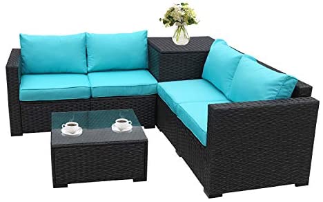 Furniture Set 4 Piece Patio Black Rattan Sectional Loveseat Couch Set
