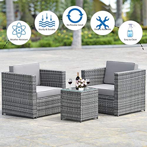 3 PCS Patio Wicker Bistro Set, Outdoor Rattan Sofa Set, Conversation Furniture w/Washable Cushion