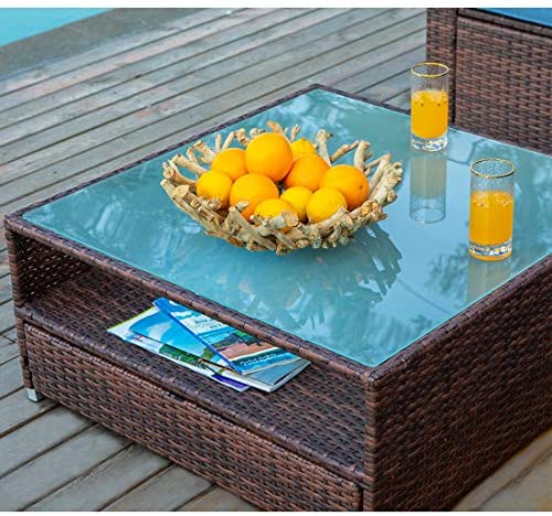4-Piece Outdoor Furniture Set All-Weather Brown Wicker Sectional Sofa w Glass Coffee
