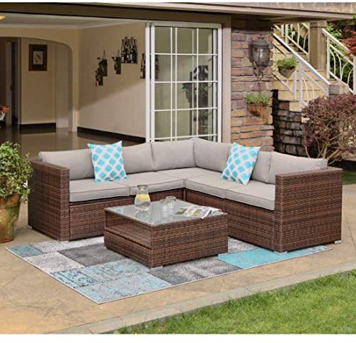 4-Piece Outdoor Furniture Set All-Weather Brown Wicker Sectional Sofa w Glass Coffee