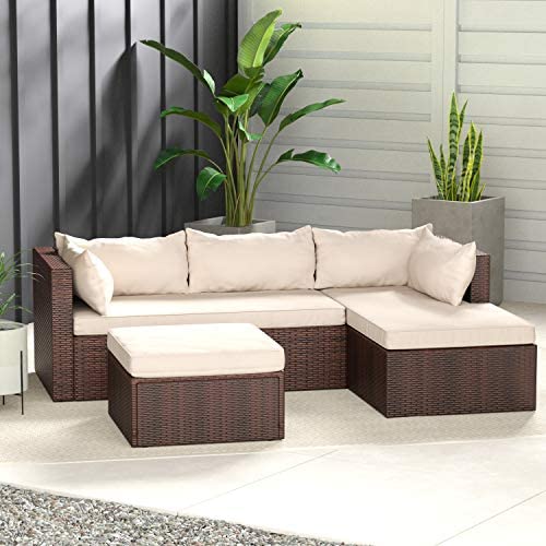 3 Piece Patio PE Wicker Rattan Corner Sofa Set