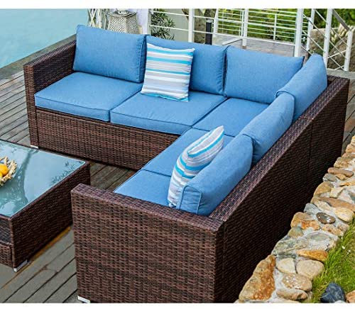 4-Piece Outdoor Furniture Set All-Weather Brown Wicker Sectional Sofa w Glass Coffee