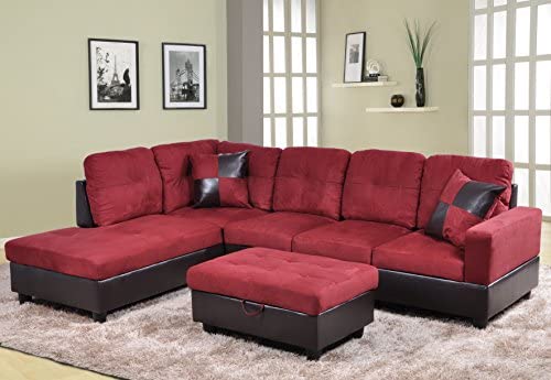 Microfiber with Leather Sofa Set With Ottoman, Red Raspberry