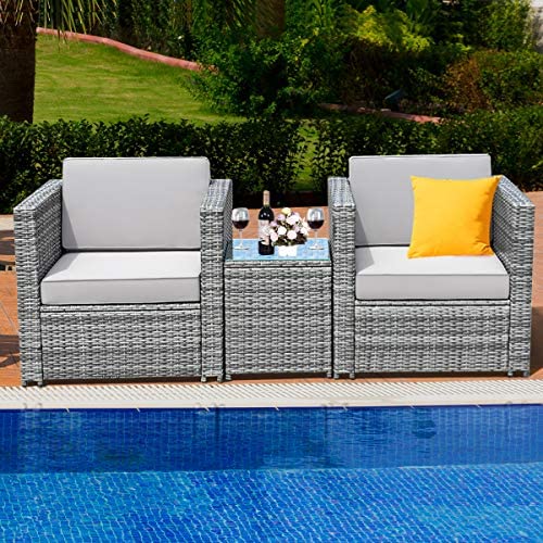 3 PCS Patio Wicker Bistro Set, Outdoor Rattan Sofa Set, Conversation Furniture w/Washable Cushion