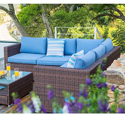 4-Piece Outdoor Furniture Set All-Weather Brown Wicker Sectional Sofa w Glass Coffee