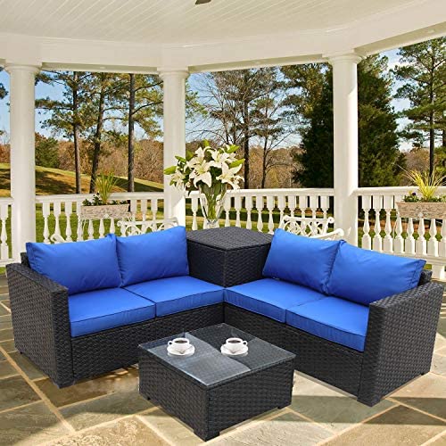 Furniture Set 4 Piece Patio Black Rattan Sectional Loveseat Couch Set