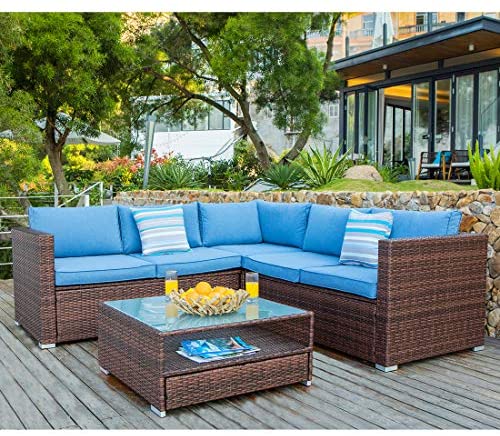 4-Piece Outdoor Furniture Set All-Weather Brown Wicker Sectional Sofa w Glass Coffee