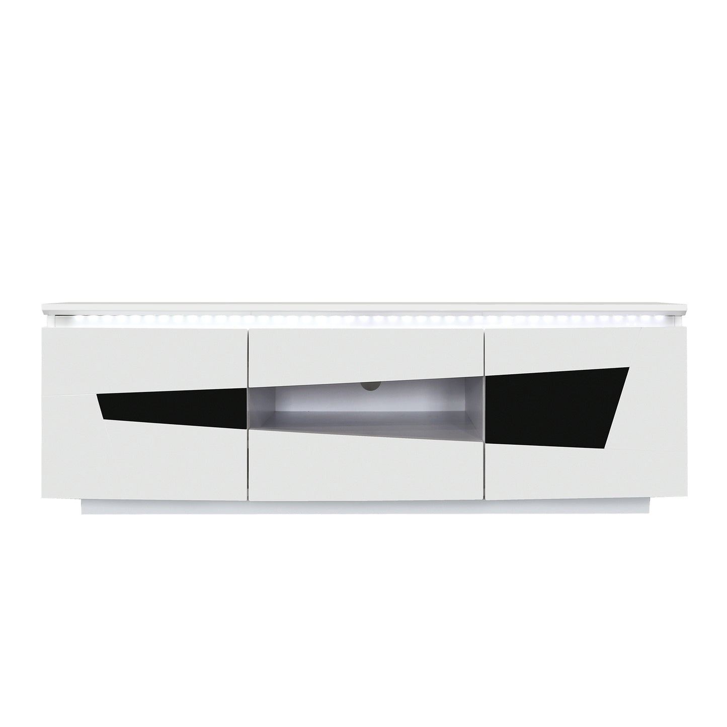 59" White & Black TV Stand/Console, High Gloss MDF, LED Lights, 2 Doors, Self Closing, Modern Living Room FA 1013