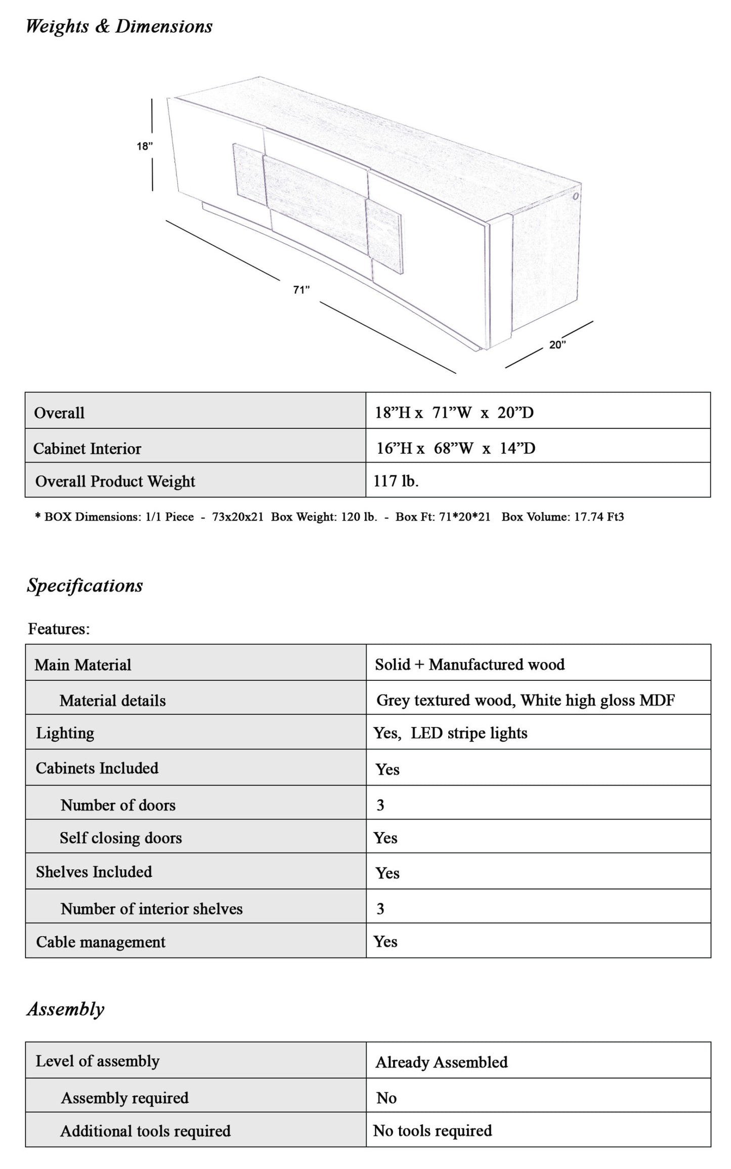 71" FA-1021 High Gloss Top, X Chrome Legs, Modern Living Room  White & Grey TV Stand/Console, High Gloss MDF, LED Lights, 3 Doors, Self Closing, Modern Living Room