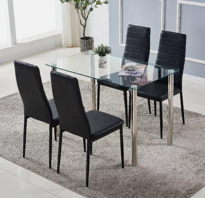 5pcs Dining Room Table Set Black Chairs/ Clear Table