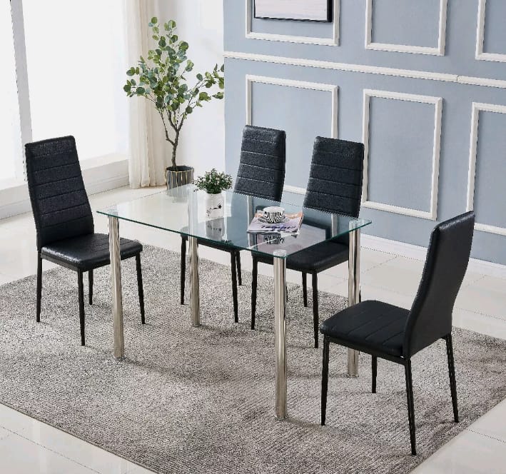 5pcs Dining Room Table Set Black Chairs/ Clear Table