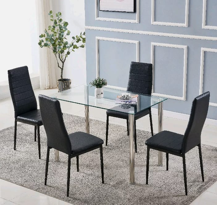 5pcs Dining Room Table Set Black Chairs/ Clear Table