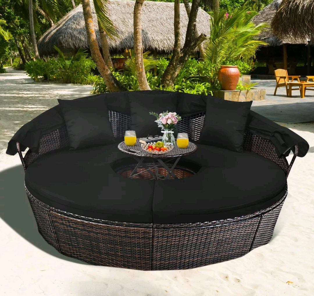 Patio Rattan Daybed Cushioned Sofa Adjustable Table Top Canopy Black