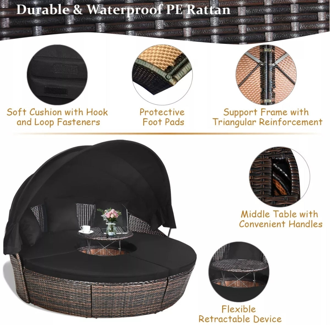 Patio Rattan Daybed Cushioned Sofa Adjustable Table Top Canopy Black