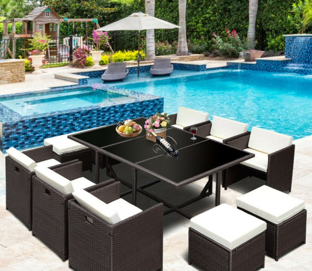 11 pcs Wicker Rattan Patio Outdoor Dinning Cushion Seat