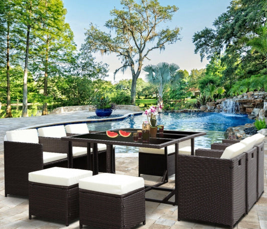 11 pcs Wicker Rattan Patio Outdoor Dinning Cushion Seat