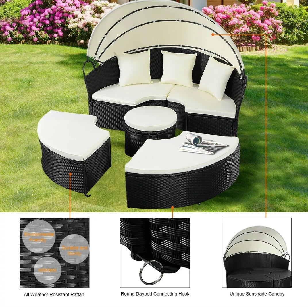 Patio Sofa Round Bed Wicker Rattan Furniture Retractable Sunshade Outdoor