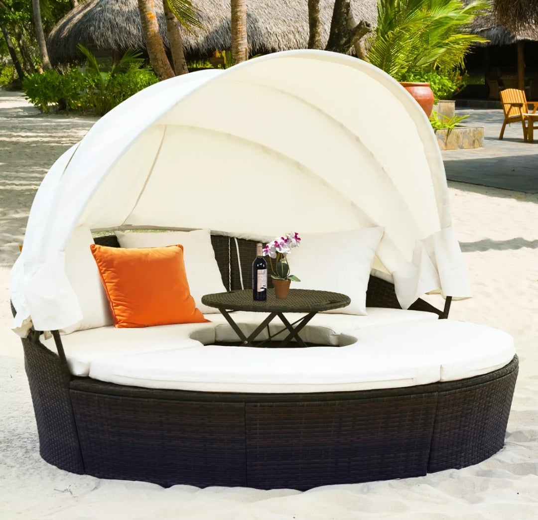 Patio Rattan Daybed Cushioned Sofa Adjustable Table Top Canopy Black