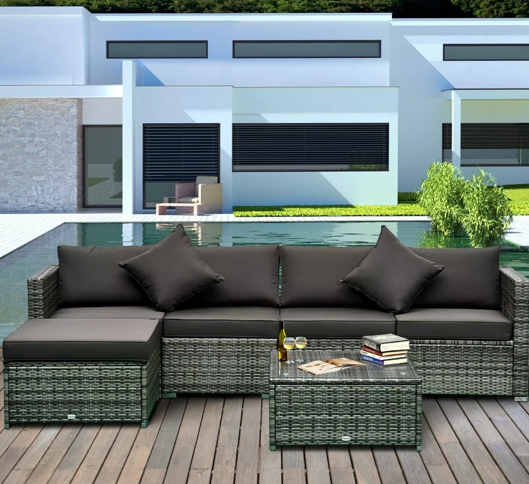 6-Piece Outdoor Patio Rattan Wicker Furniture Set w/ Cushions Charcoal