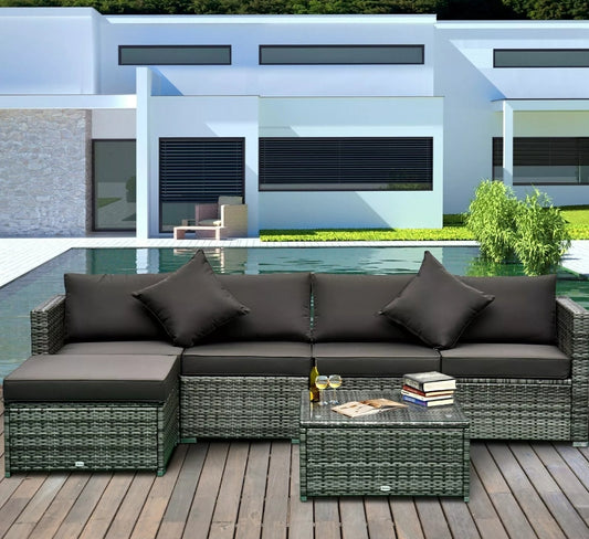 6-Piece Outdoor Patio Rattan Wicker Furniture Set w/ Cushions Charcoal