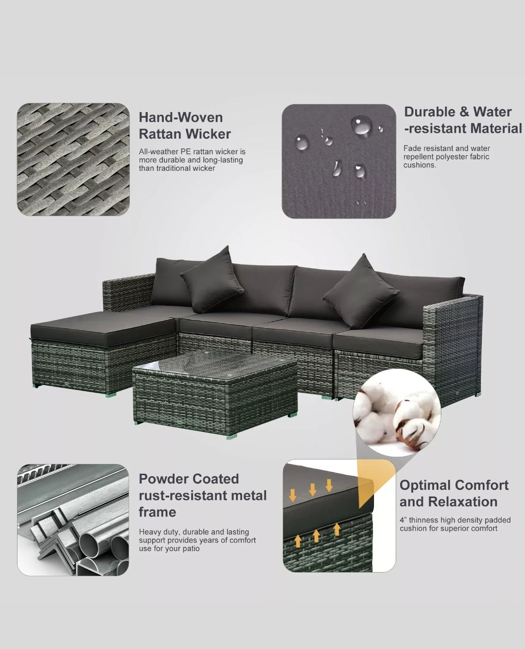 6-Piece Outdoor Patio Rattan Wicker Furniture Set w/ Cushions Charcoal