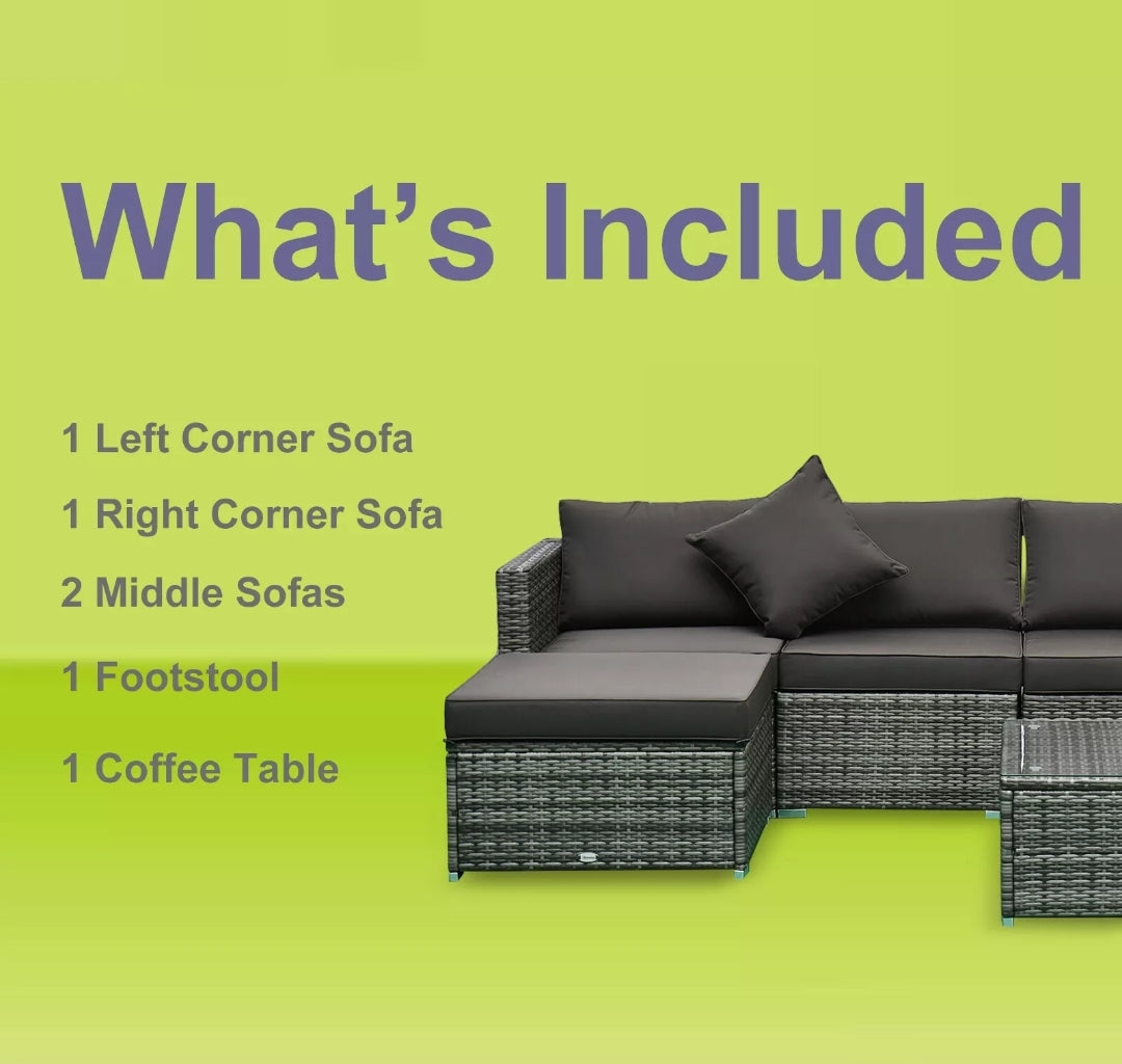 6-Piece Outdoor Patio Rattan Wicker Furniture Set w/ Cushions Charcoal