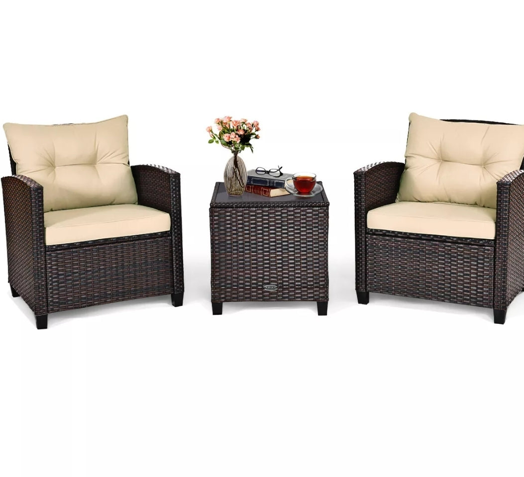 3PCS Patio Rattan Furniture Set Cushioned Conversation Set Sofa Coffee Table