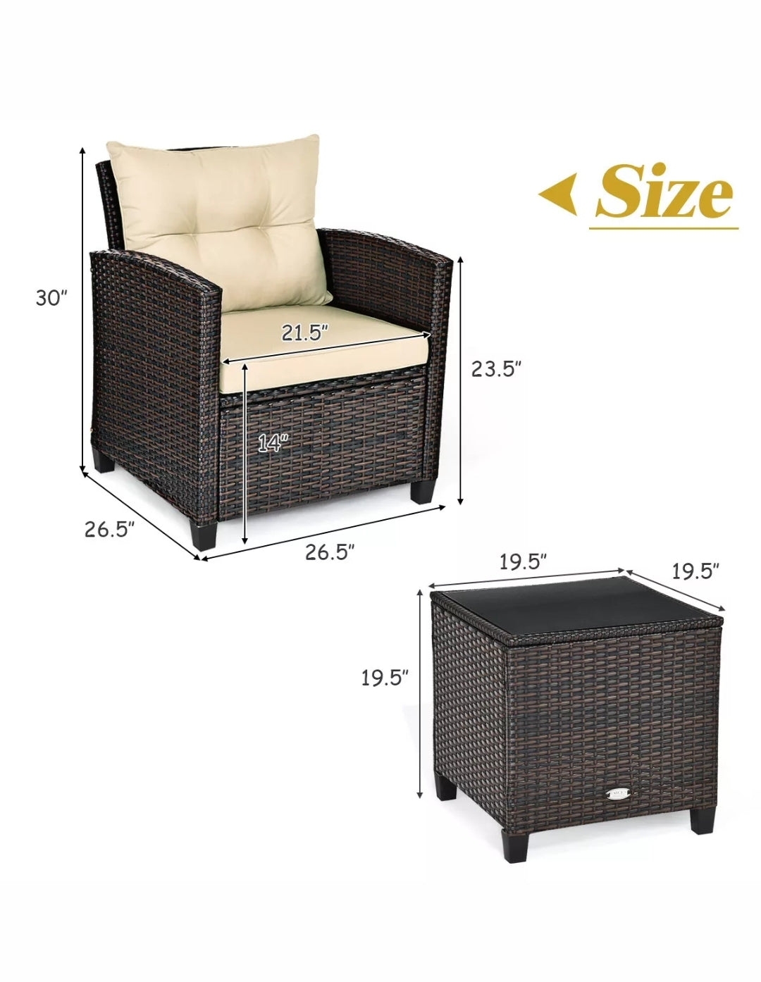 3PCS Patio Rattan Furniture Set Cushioned Conversation Set Sofa Coffee Table