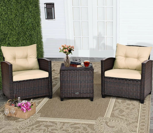 3PCS Patio Rattan Furniture Set Cushioned Conversation Set Sofa Coffee Table