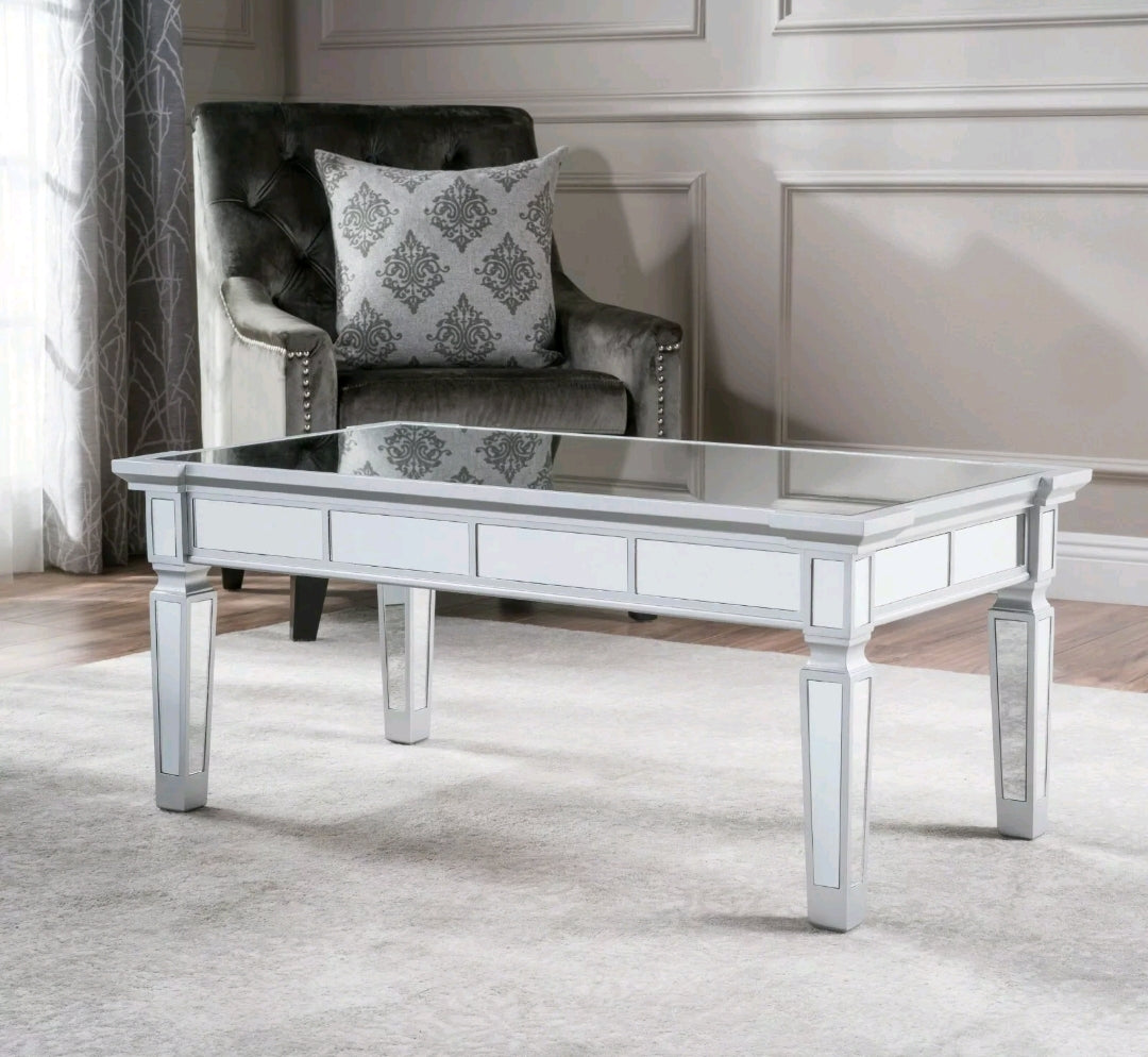 Glam Mirrored Coffee Cocktail Table Silver Finish Living Room Accent Table