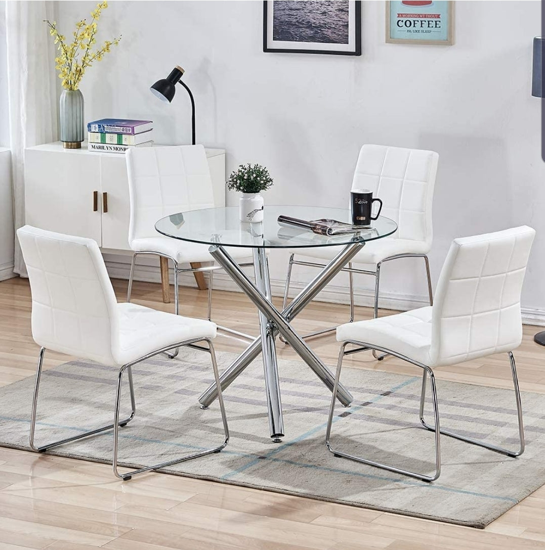 5 Piece Round Dining Table Set, Modern Kitchen Table and Chairs for 4 Person,Dining Room Table Set with Clear Tempered Glass Top, Dining Set for Dining Room Kitchen (Table + 4 White Chairs)