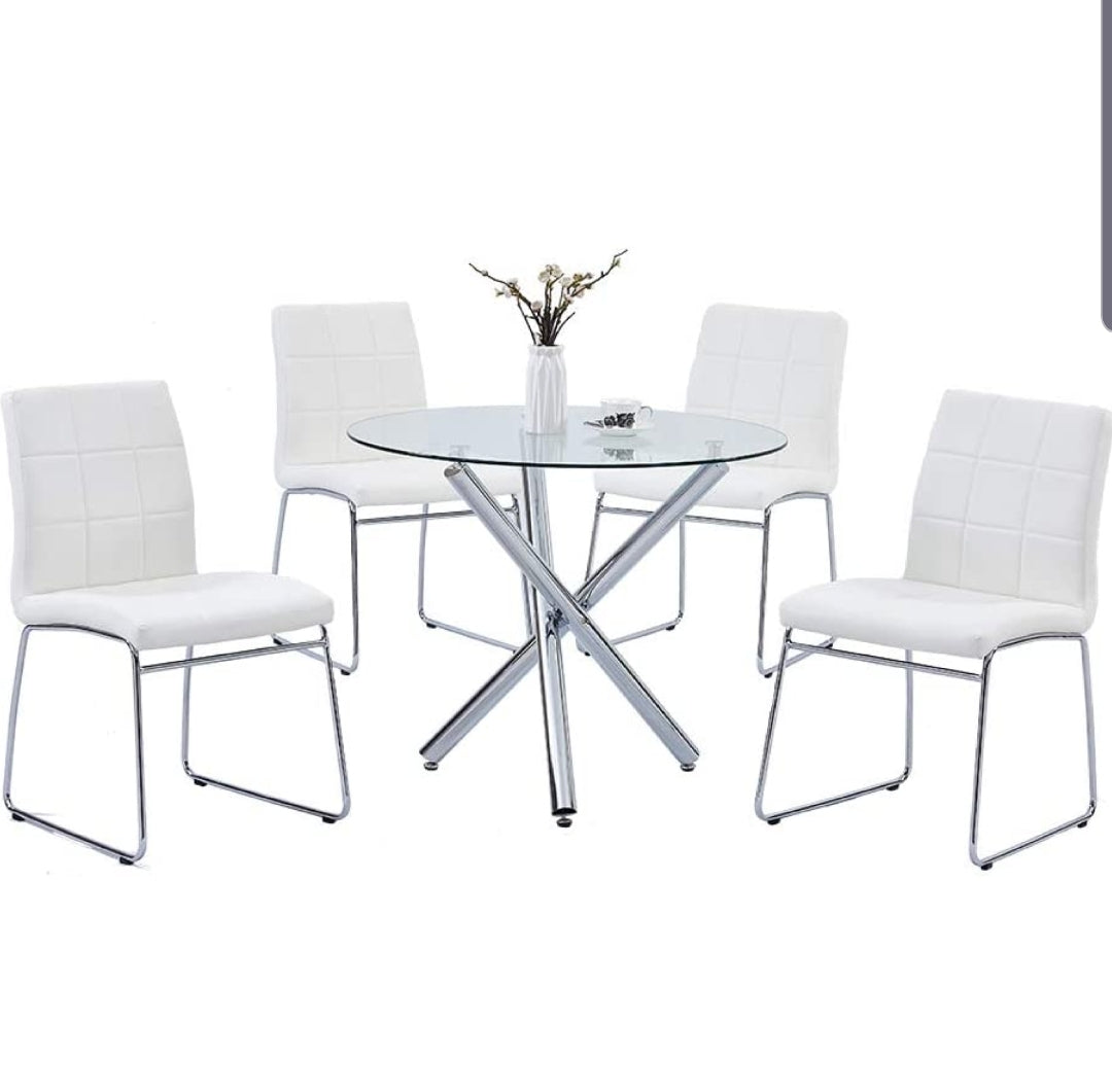 5 Piece Round Dining Table Set, Modern Kitchen Table and Chairs for 4 Person,Dining Room Table Set with Clear Tempered Glass Top, Dining Set for Dining Room Kitchen (Table + 4 White Chairs)