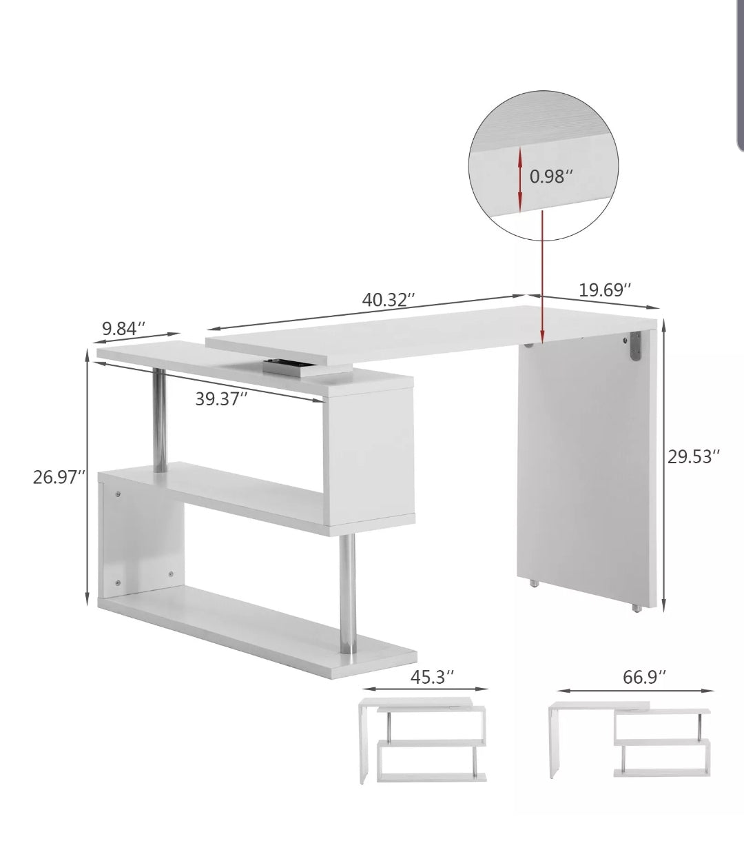 White Corner Computer Desk Rotating L Shape Gaming Study PC Table Home Furniture