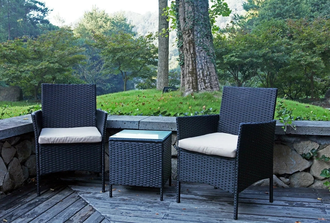 3PC Bistro Set Armchair and Table Black Rattan Outdoor Patio Furniture Set