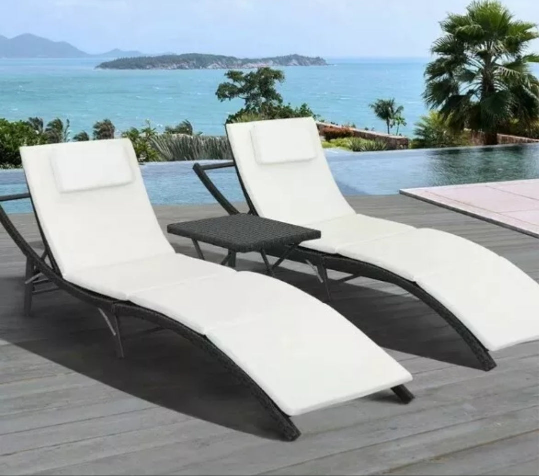 White Raminez Sun Lounger Set with Cushion and Table (Set of 2)