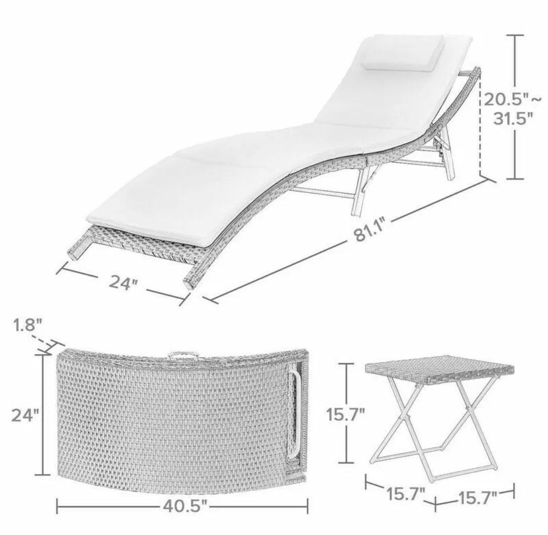 White Raminez Sun Lounger Set with Cushion and Table (Set of 2)
