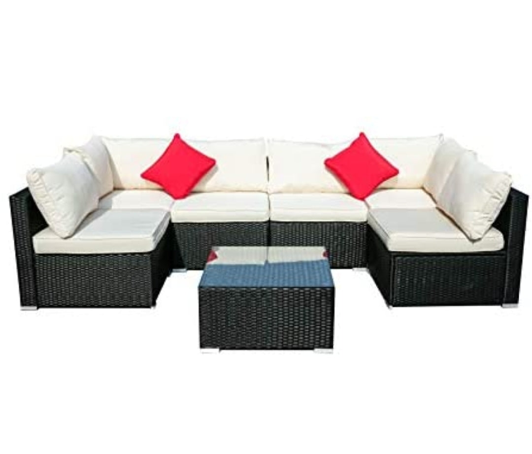 7 Pieces Patio Furniture Sets, Outdoor All-Weather Sectional Sofa, Weaving Wicker Rattan Patio Conversation Set with Cushions & Glass Coffee Table (White)