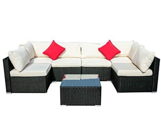 7 Pieces Patio Furniture Sets, Outdoor All-Weather Sectional Sofa, Weaving Wicker Rattan Patio Conversation Set with Cushions & Glass Coffee Table (White)