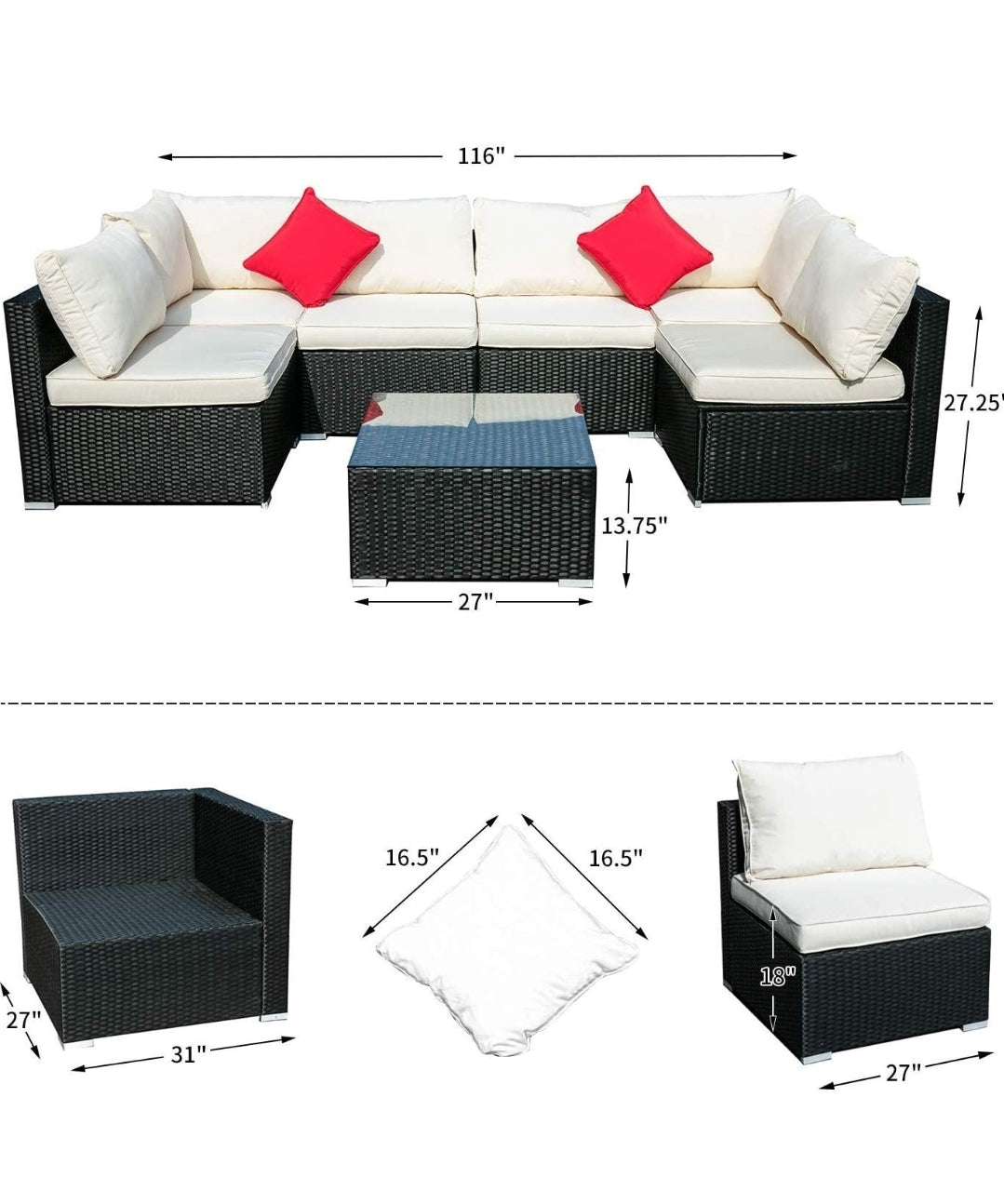 7 Pieces Patio Furniture Sets, Outdoor All-Weather Sectional Sofa, Weaving Wicker Rattan Patio Conversation Set with Cushions & Glass Coffee Table (White)