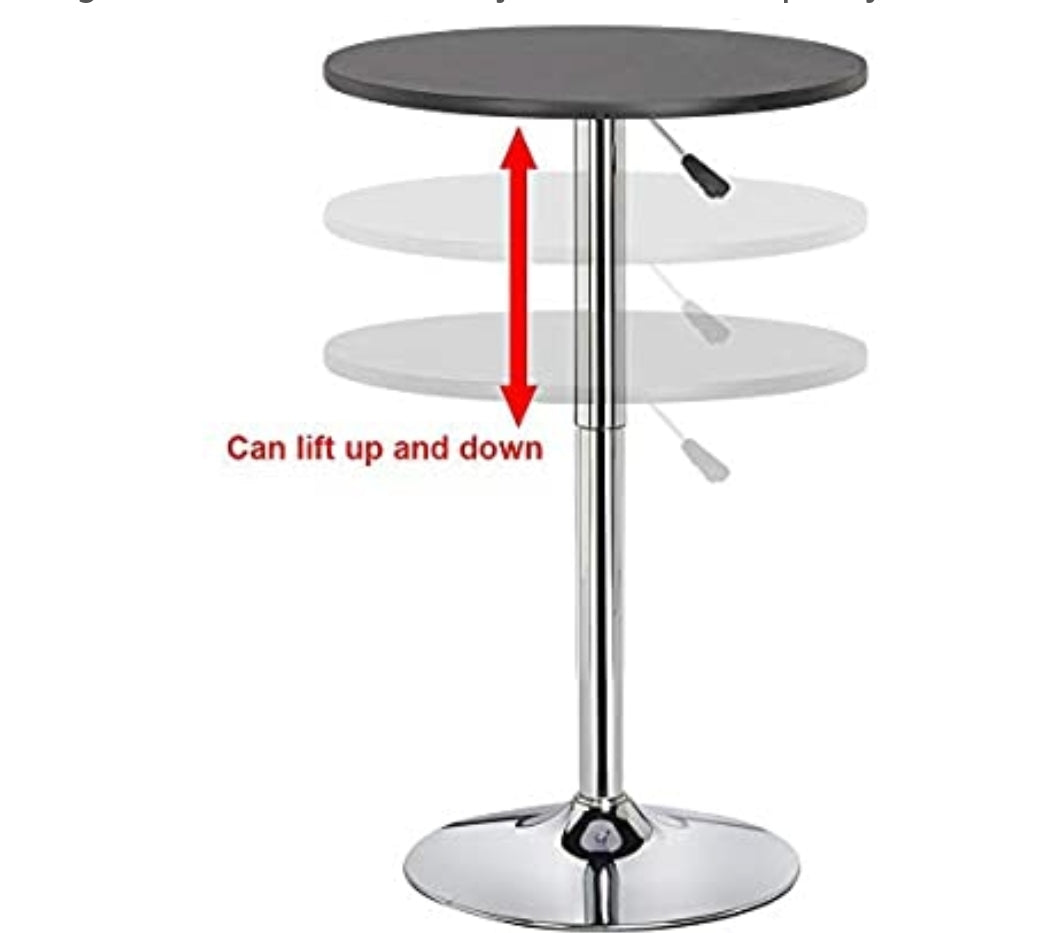 Round Pub Bar Table Black MDF Top with Silver Leg Base 27.4-35.8 inch Adjustable 88 lb Capacity