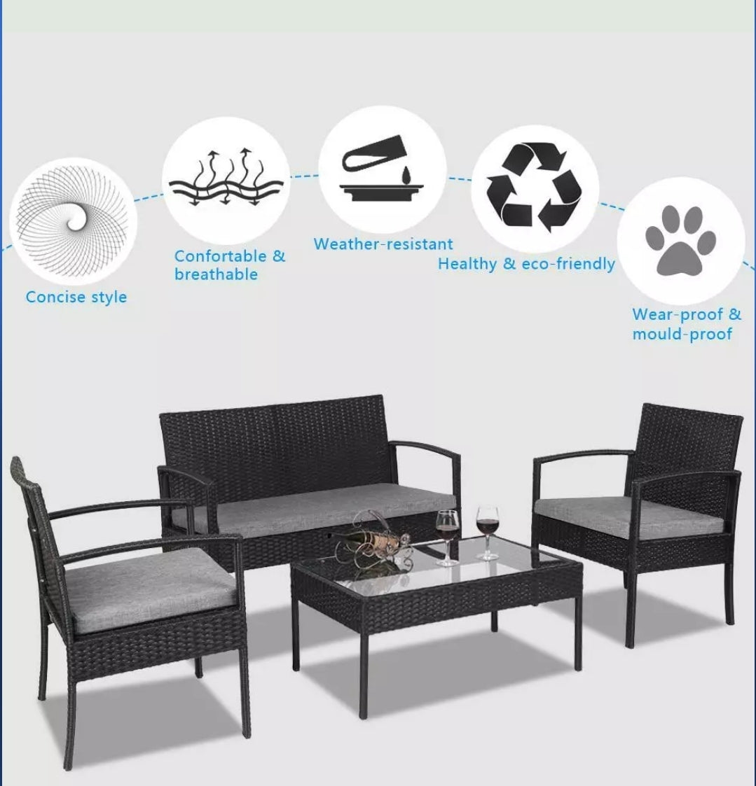 4PC Outdoor Patio Lawn Sofa Set Rattan Wicker Furniture Table Cushion Black
