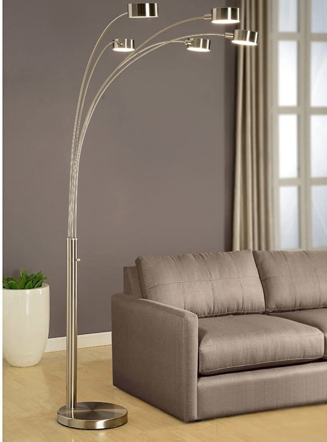 5 Arc Brushed Steel Floor Lamp w/ Dimmer Switch, 360 Degree Rotatable Shades - Dim Options - Bright & Attractive - Solid Construction - Stainless Steel - Industrial & Mid-Century