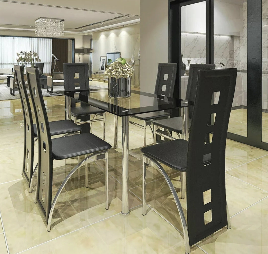 1X Dining Table 6 Chairs Glass Metal Kitchen Room Breakfast Furniture