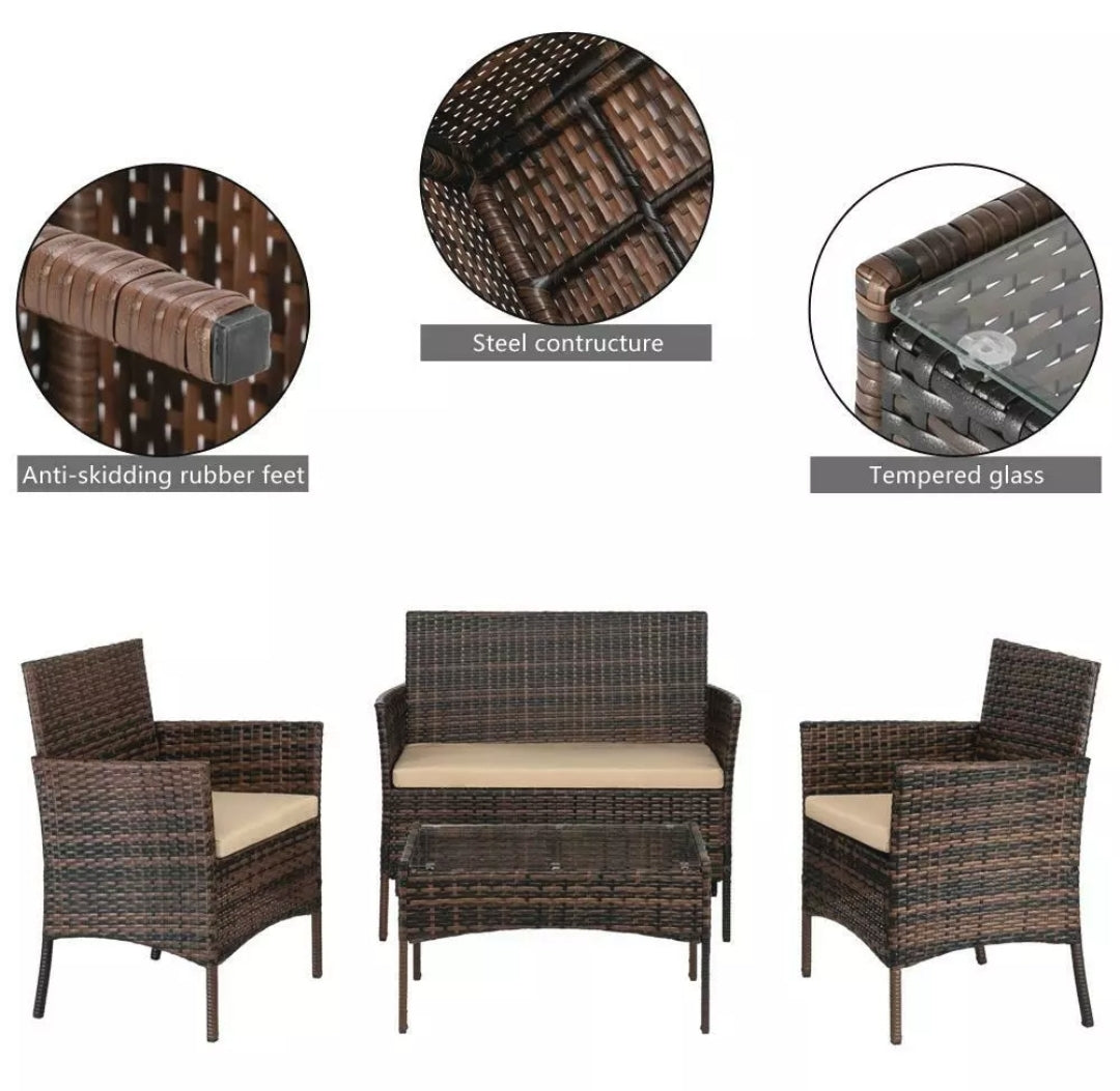 4PCS Outdoor Patio Brown With Tan Cushion Rattan Wicker Table Shelf Sofa Furniture Set with Cushions