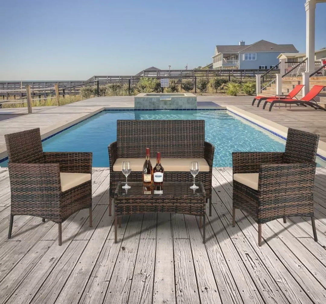 4PCS Outdoor Patio Brown With Tan Cushion Rattan Wicker Table Shelf Sofa Furniture Set with Cushions