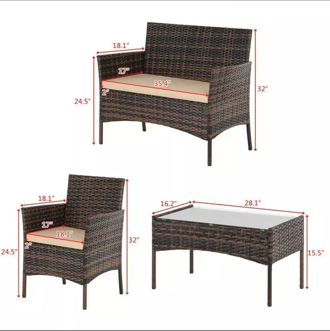 4PCS Outdoor Patio Brown With Tan Cushion Rattan Wicker Table Shelf Sofa Furniture Set with Cushions