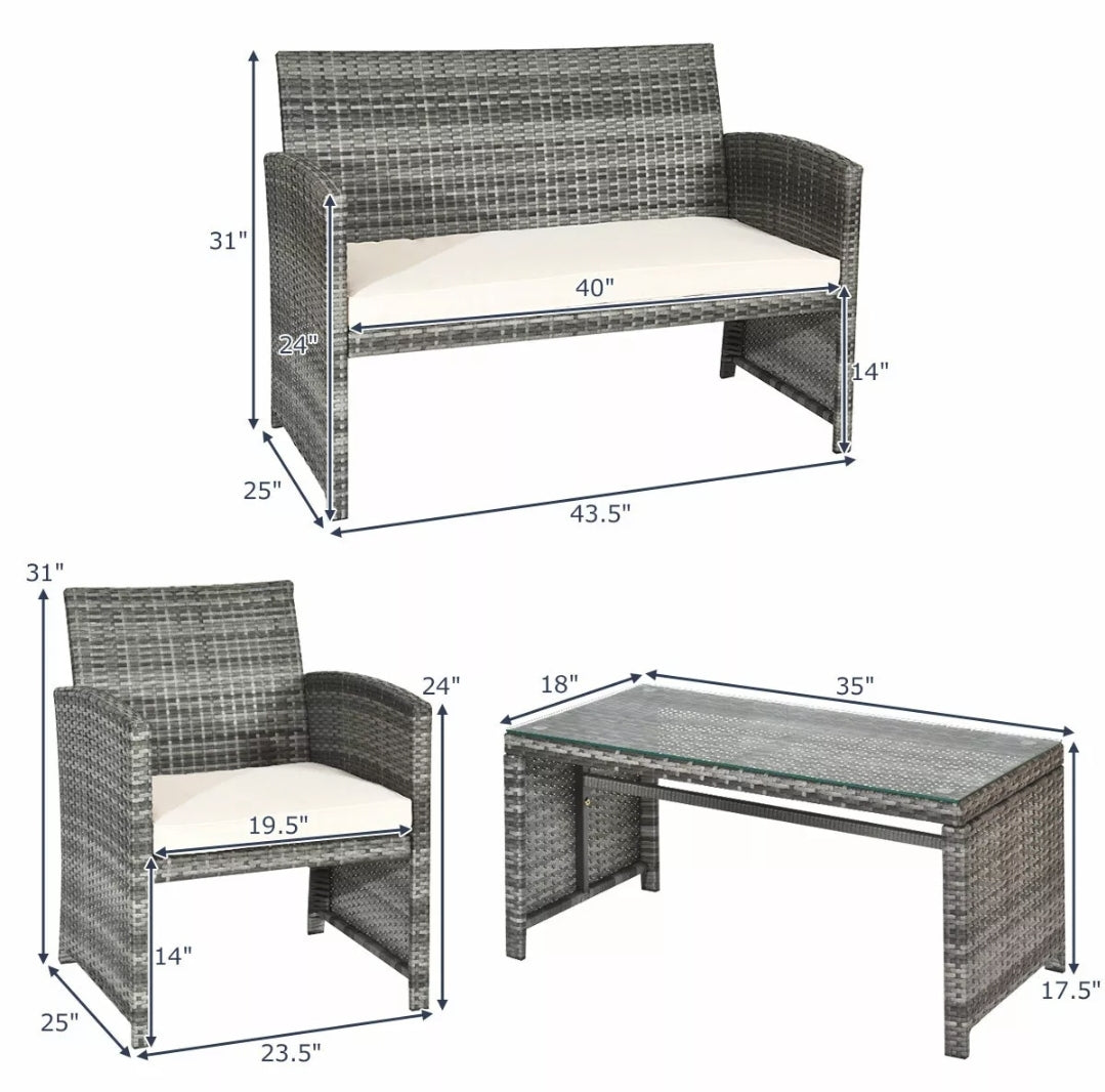 4PCS Gray Patio Rattan Furniture Set Conversation Glass Tabletop Cushioned Sofa Yard