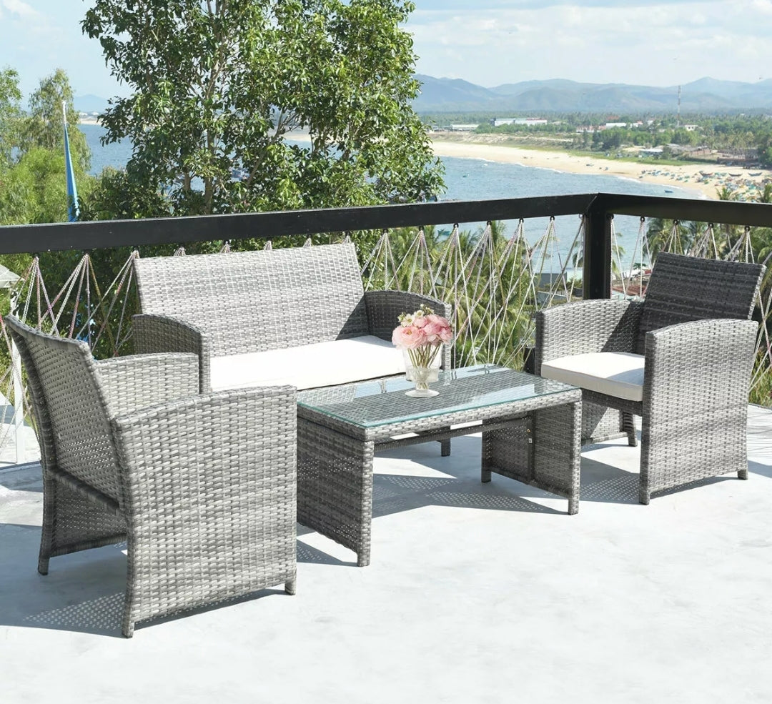 4PCS Gray Patio Rattan Furniture Set Conversation Glass Tabletop Cushioned Sofa Yard