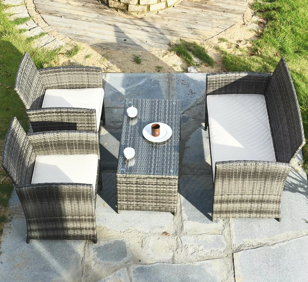 4PCS Gray Patio Rattan Furniture Set Conversation Glass Tabletop Cushioned Sofa Yard