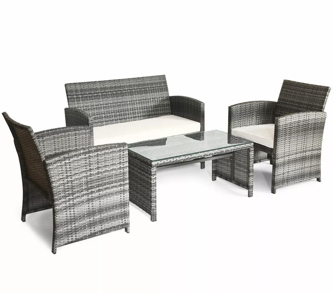 4PCS Gray Patio Rattan Furniture Set Conversation Glass Tabletop Cushioned Sofa Yard